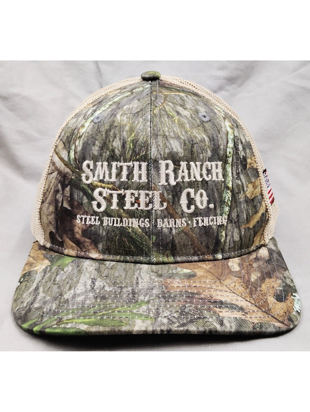 Smith Ranch Steel Co Hat Richardson 112P Camo Trucker Snapback American Flag
